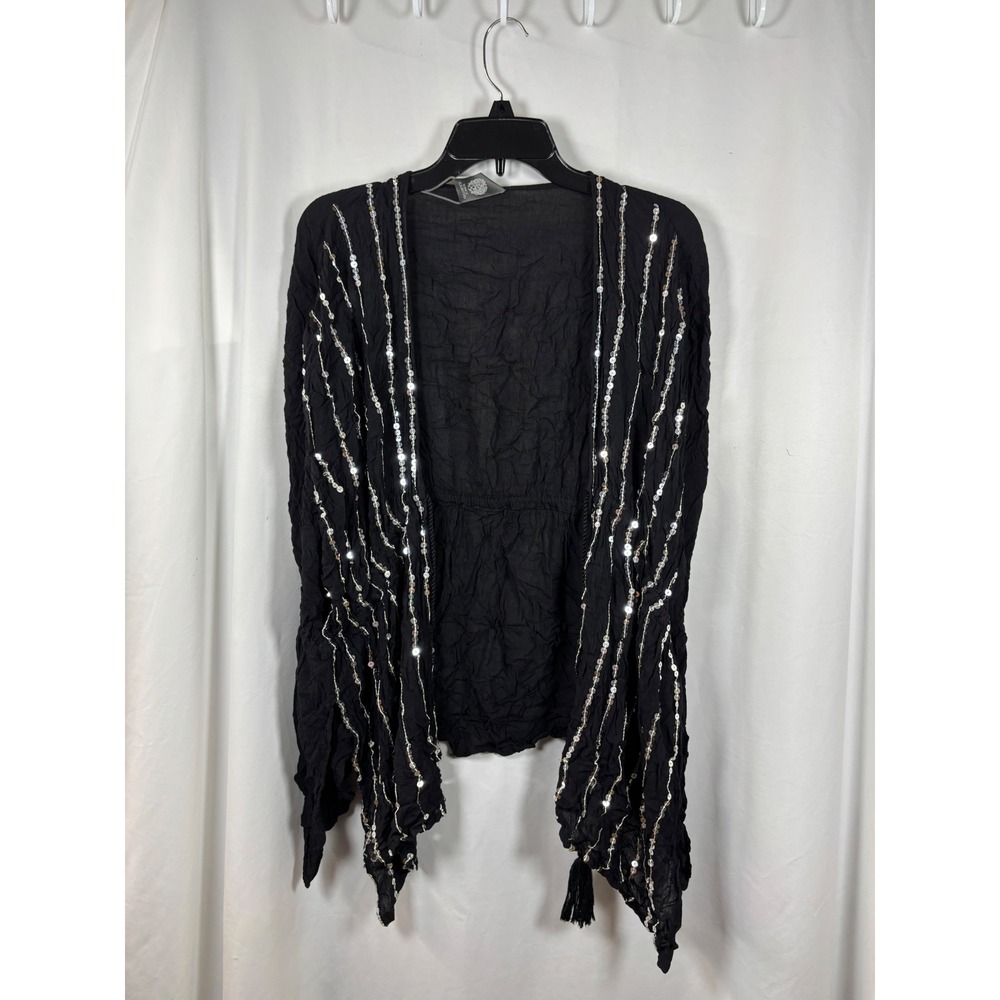 Vince Camuto Black Crinkle Gauze Sequin Stripe Kimono Wrap Tassel Accent OS
